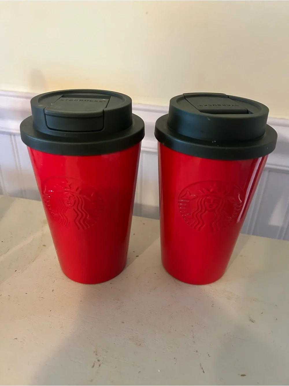Starbucks Pair Red Insulated To Go Travel Mugs 11 Oz